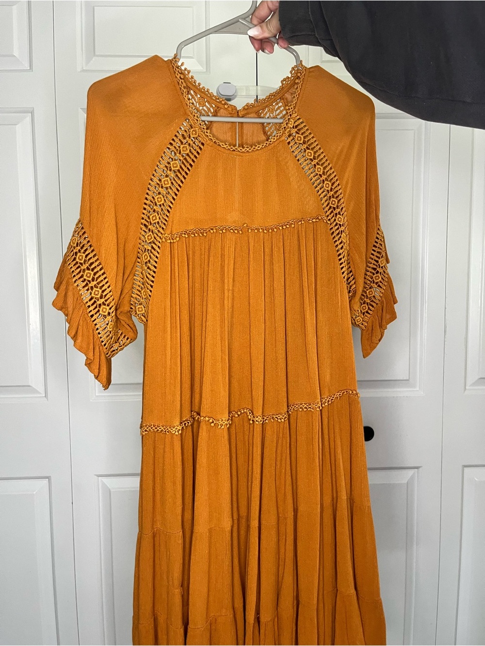 Boho Crochet Accent Midi Dress in Mustard